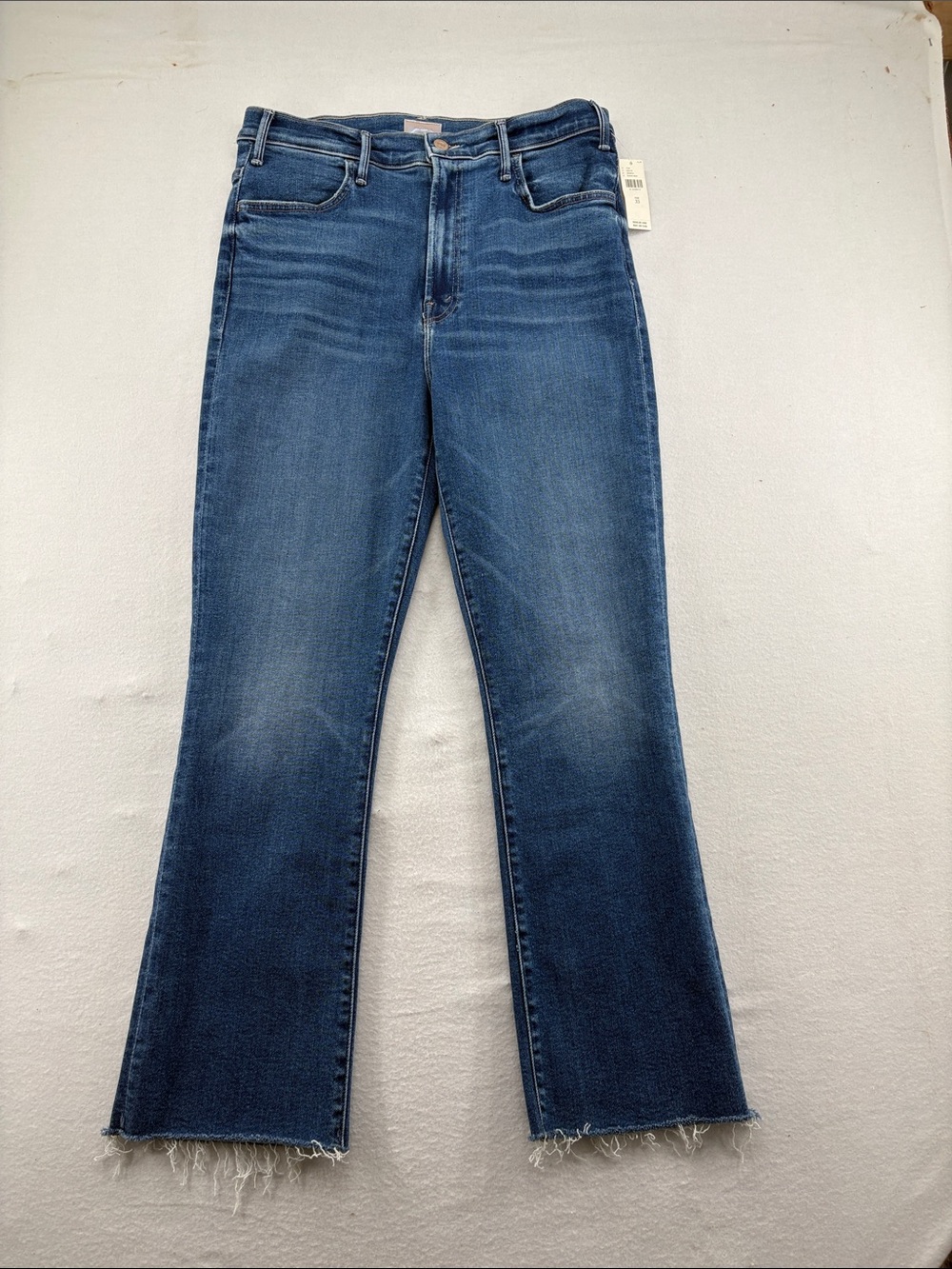 MOTHER Blue Flare Jeans with Frayed Hem
